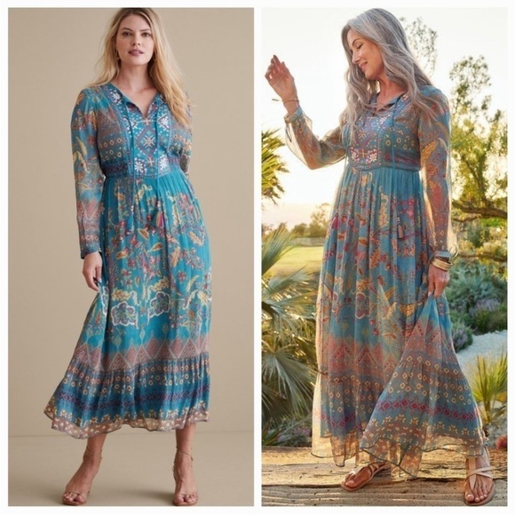 NWT Soft Surroundings Blue Mirapani Chiffon Boho Embroidered Maxi Boho Dress - Picture 2 of 11